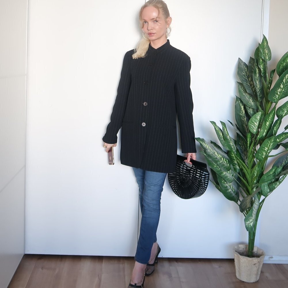 DKNY Long Pinstipe Stand Collar Career Suit Blazer